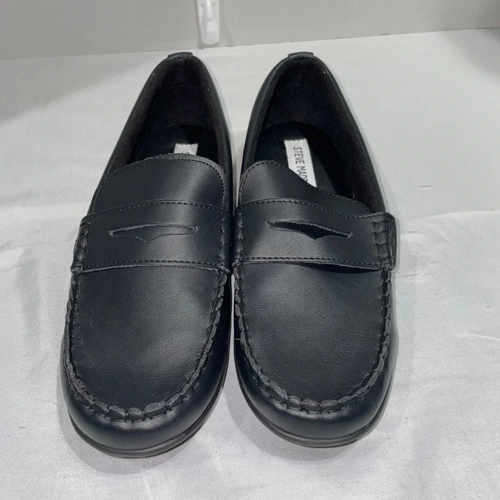 Steve Madden BJARED Boys Black Leather Penny Loafers Size 5 Slip On Dress Shoes